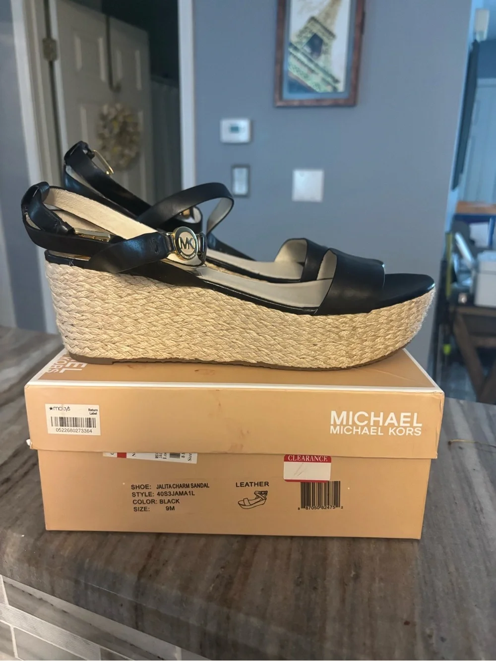 MICHAEL Michael Kors Black Leather Espadrille Wedge Sandals